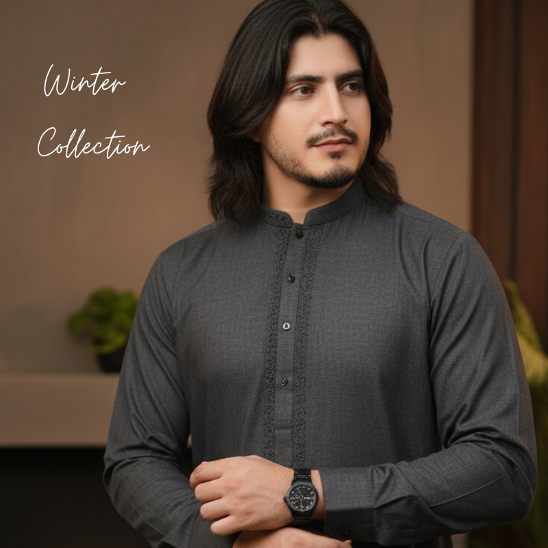 Abid Jee Winter Collection banner showcasing men’s warm wool and boski kurtas in cozy indoor setting with soft lighting and neutral tones.
