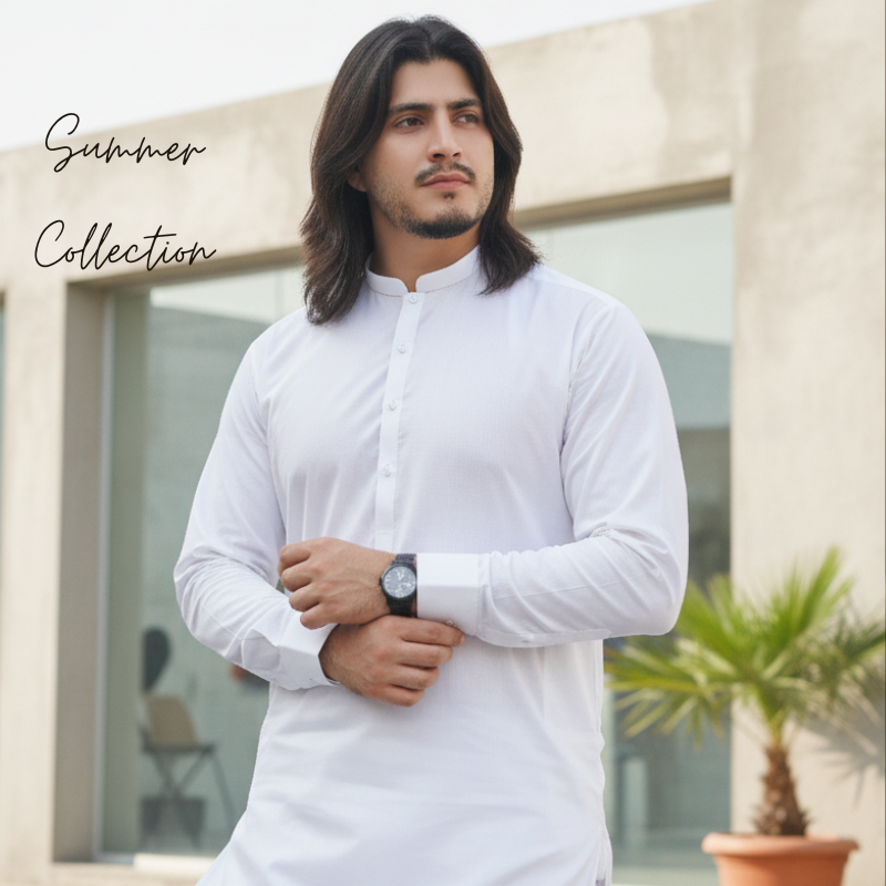 Abid Jee Summer Collection banner featuring men’s light cotton kurtas in bright, airy outdoor setting with natural sunlight.